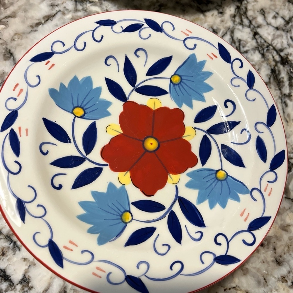 Pier 1 Portalegre Hand Painted 6Dinner 11” 6Salad 8” 2Soup 5.5” Floral Red Blue